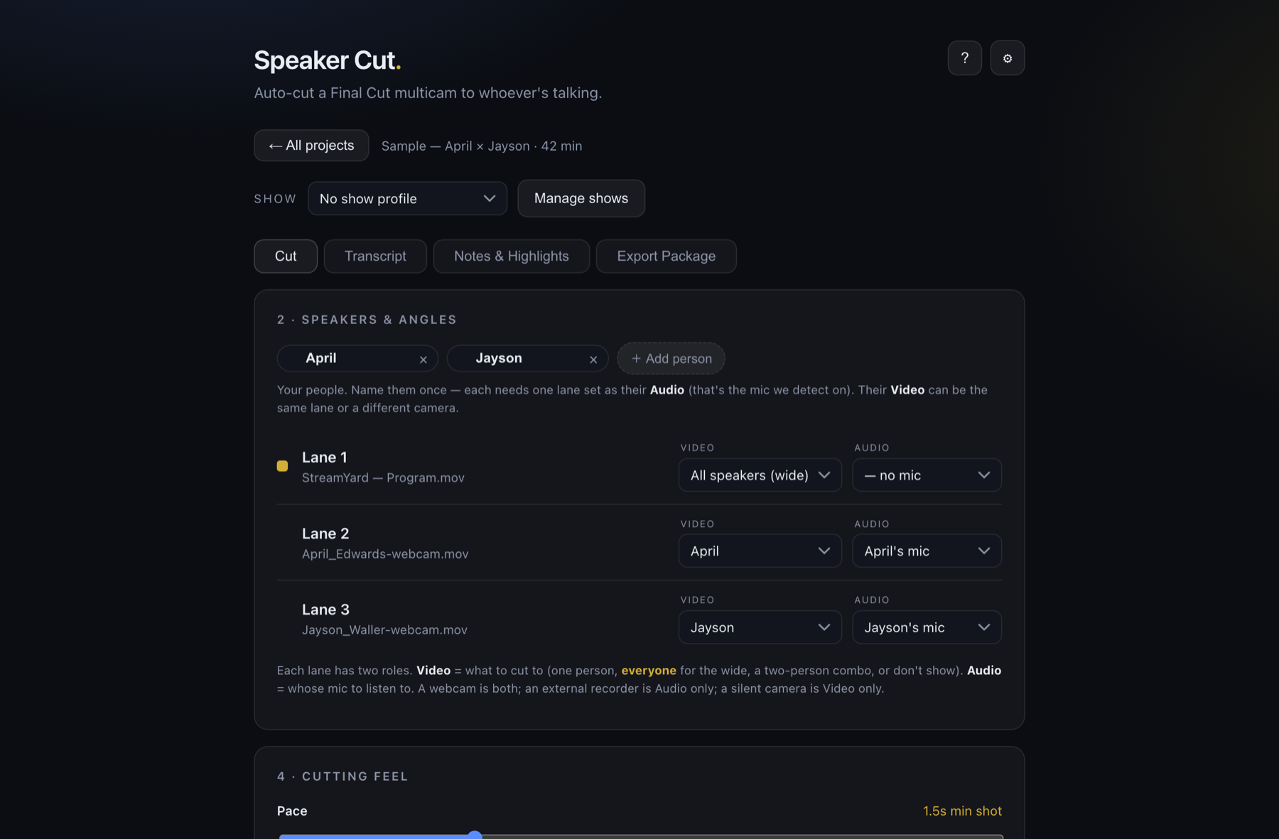 Speaker Cut lane assignment for a Final Cut Pro multicam