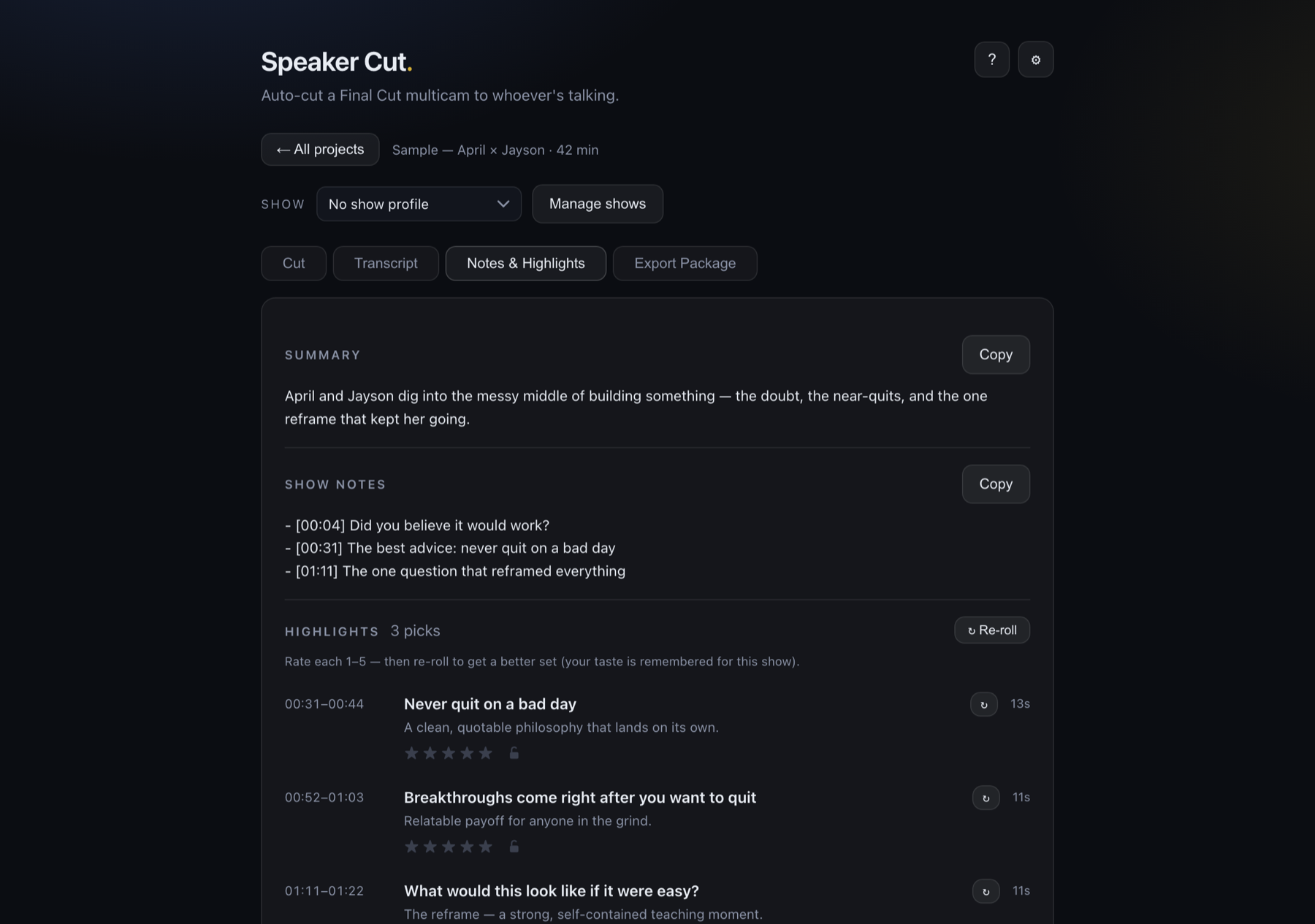 Speaker Cut AI show notes and highlights